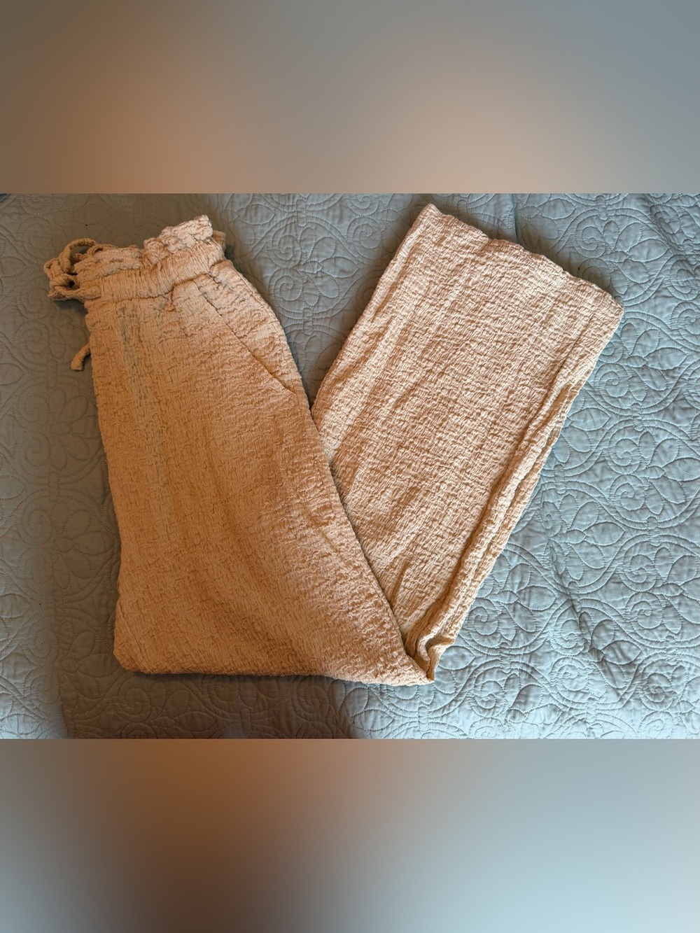 Easel Textured Crinkle Wide Leg Pants Small Beige Cream Boho Coastal